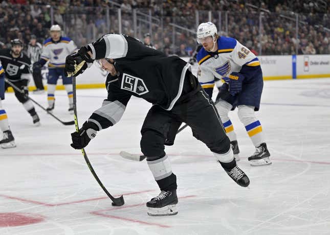 Mar 26, 2023; Los Angeles, California, USA;   Los Angeles Kings right wing Viktor Arvidsson (33) sets up to take a shot on goal in the second period against the St. Louis Blues at Crypto.com Arena.