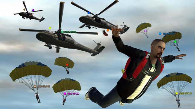 A screenshot shows people using parachutes in GTA 4's DLC.