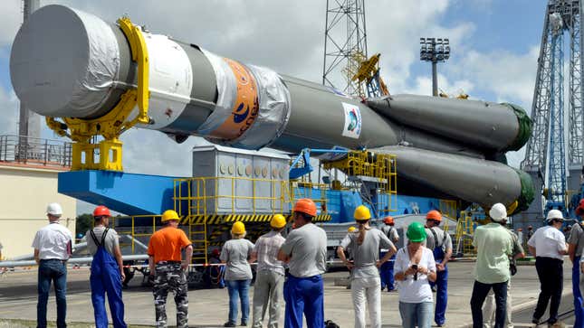 Russia's Soyuz-ST-B spacecraft is shown to the media at the Guiana Space Center in Kourou, French Guiana, Friday April 29, 2011. The Russian Federal Space Agency and Arianespace, the commercial arm of the 13-country European Space Agency, will launch in September the Soyuz rocket from the European spaceport in South America, carrying two Galileo navigation satellites in its maiden flight.