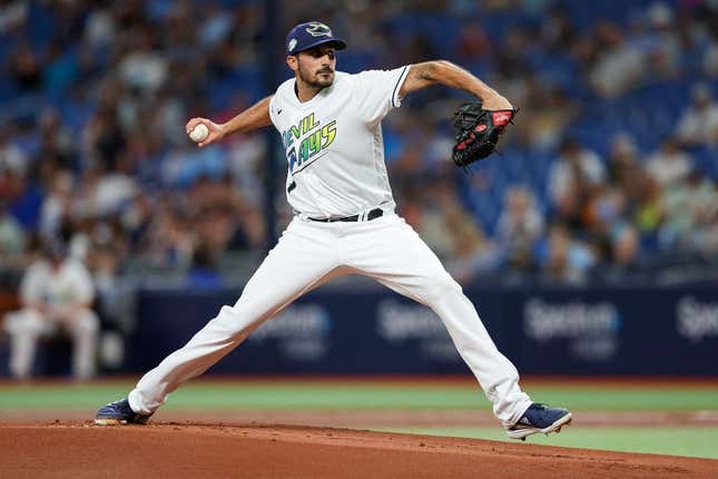 Apr 7, 2023; St. Petersburg, Florida, USA;  Tampa Bay Rays starting pitcher Zach Eflin (24) throws a pitch against the Oakland Athletics in the first inning at Tropicana Field.