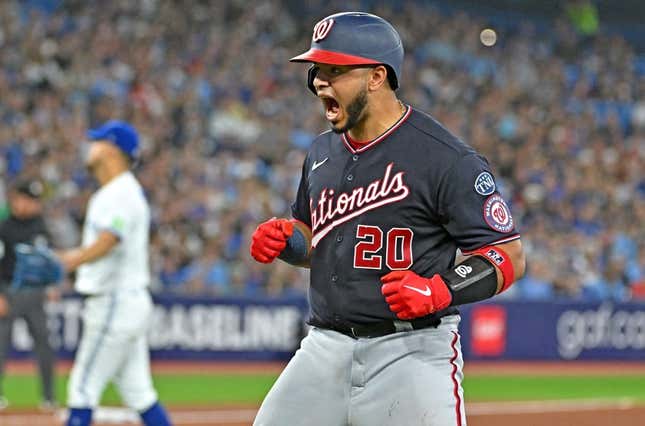 Aug 29, 2023; Toronto, Ontario, CAN; Washington Nationals catcher Keibert Ruiz (20) reacts after hitting a three run home run in the fifth inning at Rogers Centre.