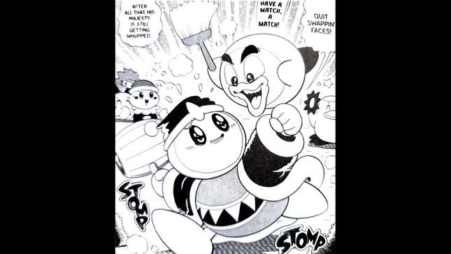 Kirby chases King Dedede with a broom while wearing his face.