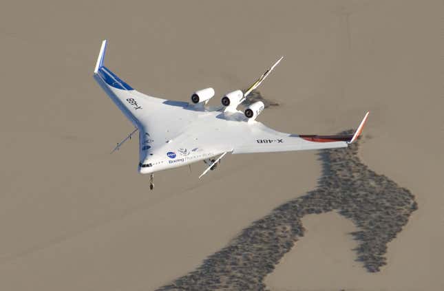 The X-48B flying over Rogers Dry Lake at Edwards Air Force Base in August 2007.