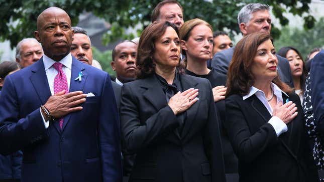 New York Mayor Eric Adams, Vice President Kamala Harris, and New York Gov. Kathy Hochul place their hands on their heart as the National Anthem is sung during the annual 9/11 Commemoration Ceremony at the National 9/11 Memorial and Museum on September 11, 2023 in New York City. 