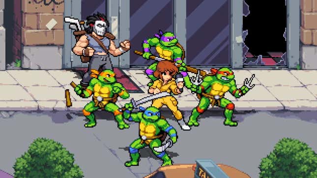 A group of pixelated Teenage Mutant Ninja Turtles and their allies are standing ready for battle.