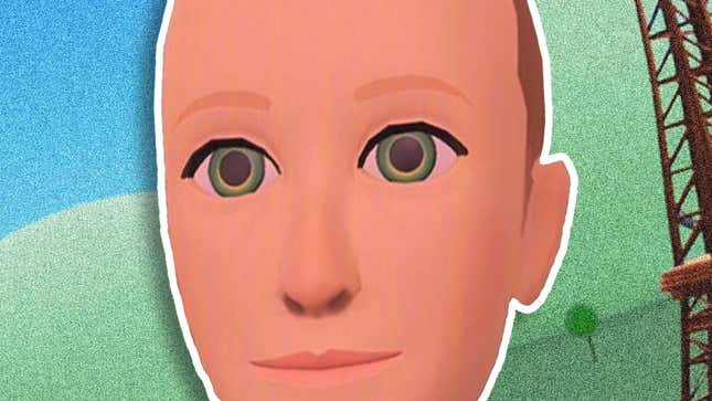 A creepy image shows a large, cartoon Zuckerberg head close-up. 