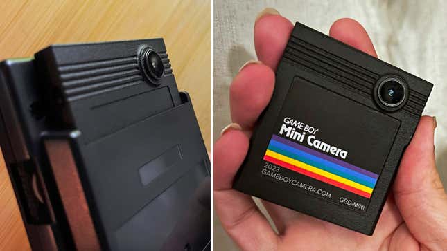 Two photos of the Game Boy Mini Camera cartridge fully inserted into a Game Boy, and being held in a hand on its own.