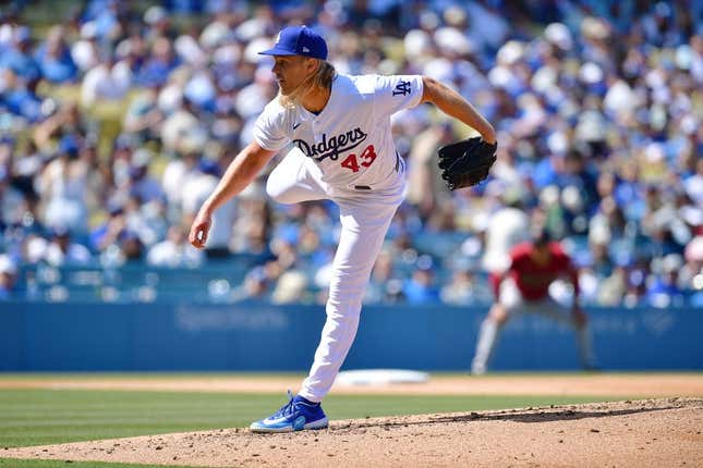Apr 2, 2023; Los Angeles, California, USA; Los Angeles Dodgers starting pitcher Noah Syndergaard (43) throws against the Arizona Diamondbacks during the sixth inning at Dodger Stadium.