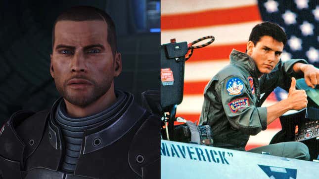 A default male Commander Shepard is shown on the left looking cautiously at something off-screen, while Pete "Maverick" Mitchell is seen giving a thumbs up to the camera while sitting in a plane on the right.