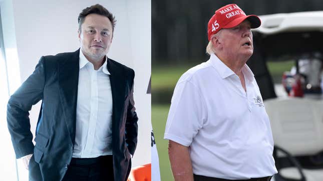 Elon Musk in Norway on August 29, 2022 (left) and former president Donald Trump on October. 27, 2022, at Trump National Doral Golf  Club in Doral, FL.