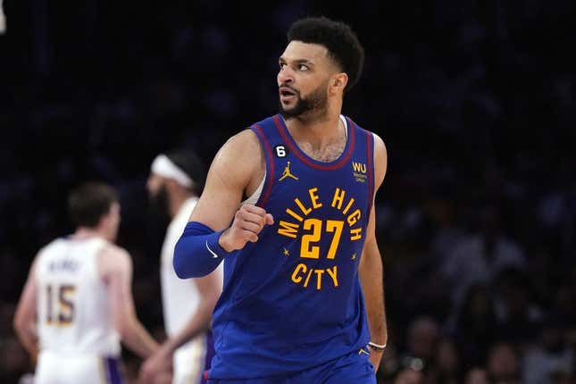 May 20, 2023; Los Angeles, California, USA; Denver Nuggets guard Jamal Murray (27) reacts in the fourth quarter against the Los Angeles Lakers during game three of the Western Conference Finals for the 2023 NBA playoffs at Crypto.com Arena.