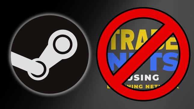 A Steam logo next to a crossed-out NFT logo.