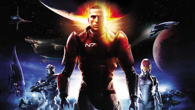 Commander Shepard and his crew standing in front of space. 