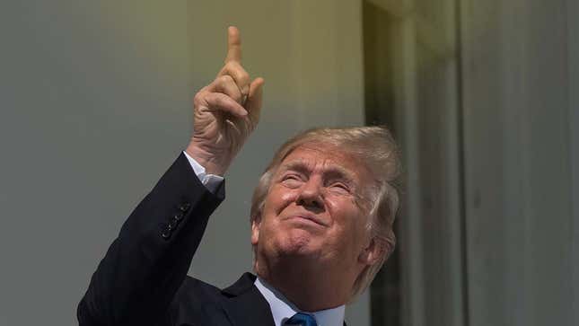 Former President Donald Trump stares up at the sun while pointing at it. 