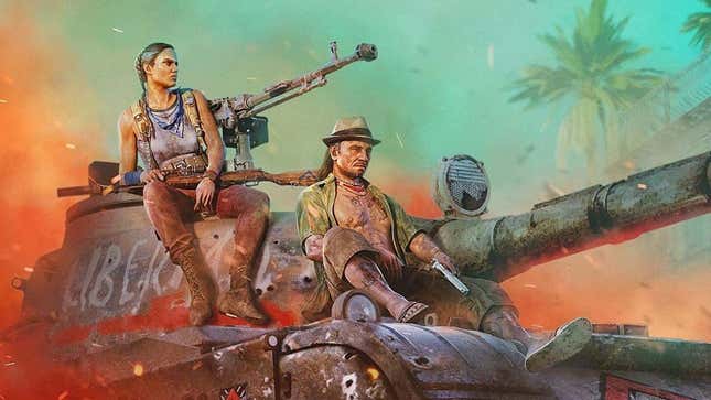 Far Cry 6 protagonists sit on a tank while red smoke rises around them. 