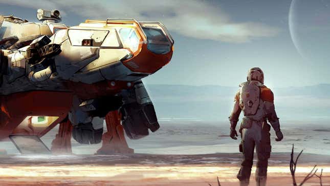 Starfield concept art shows an astronaut standing next to a parked space ship. 