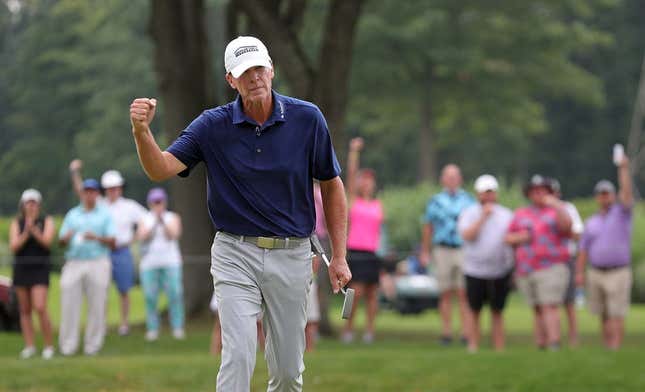 Steve Stricker pumps his fist after his birdie putt on the No. 15 green during the final round of the 2023 Kaulig Companies Championship at Firestone Country Club, Sunday, July 16, 2023, in Akron, Ohio.