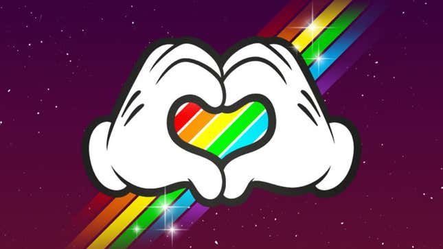 Two Mickey Mouse hands make the shape of a heart over rainbow colors in key art for  Disneyland Paris' 2021 Magical Pride parade.