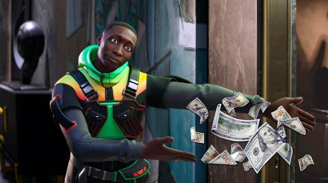A Fortnite character gestures to a bunch of money.