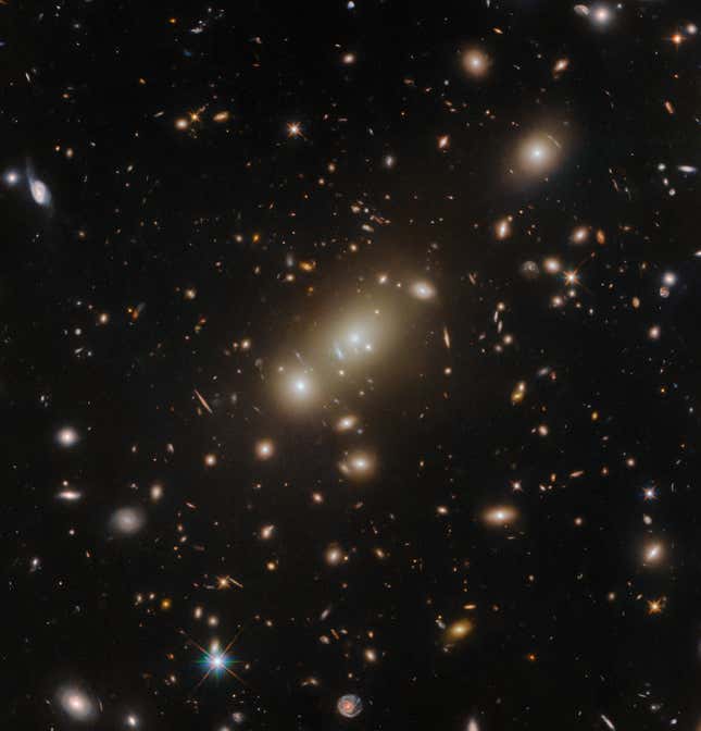 Das vollständige Hubble-Bild.  Können Sie die Verzerrungen des Gravitationslinseneffekts erkennen?