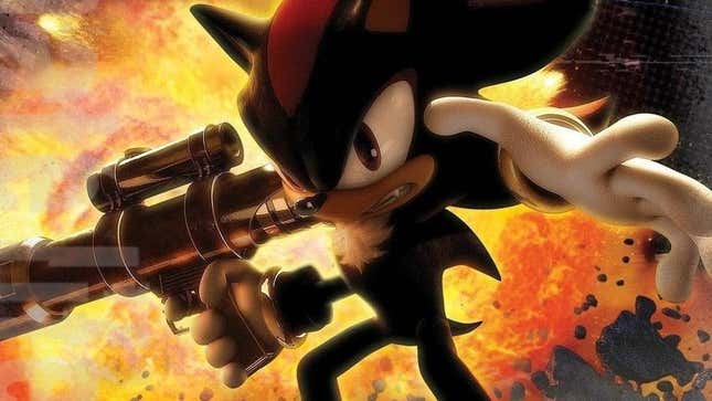 Shadow is seen holding a gun with an explosion happening in the background.