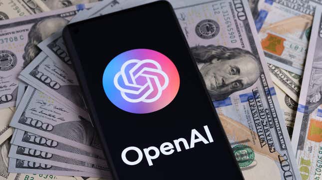OPENAI seen on the smartphone which is placed on pile of cash.Open AI is a company known for it's ChatGPT and DALL-E AI generative software.