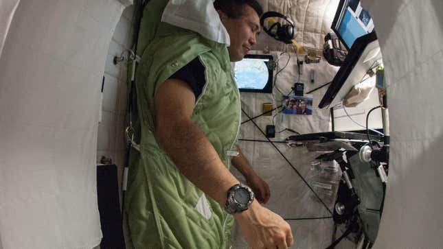 Astronaut Koichi Wakata, Expedition 38 Flight Engineer, strapped into his sleeping bag in his sleep station on board the ISS.