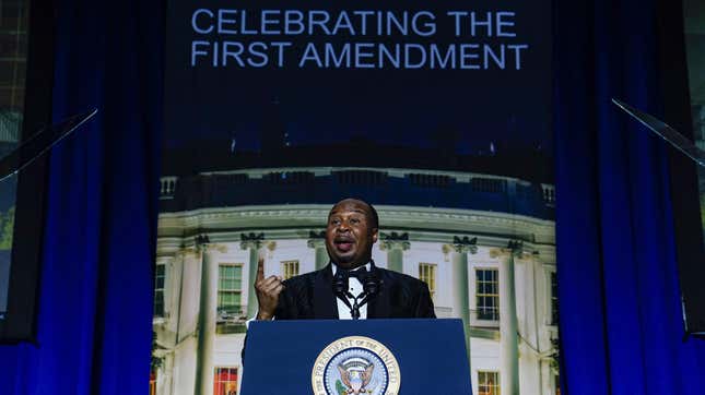 Comedian Roy Wood Jr., speaks during the White House Correspondents’ Association (WHCA) dinner in Washington, DC, US, on Saturday, April 29, 2023. The annual dinner raises money for WHCA scholarships and honors the recipients of the organization’s journalism awards. 