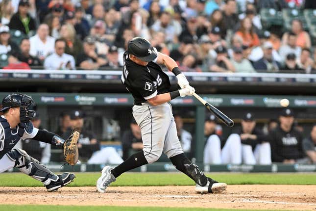 May 26, 2023; Detroit, Michigan, USA; Chicago White Sox first baseman Andrew Vaughn (25) hits a two-run home run against the Detroit Tigers in the fifth inning at Comerica Park.