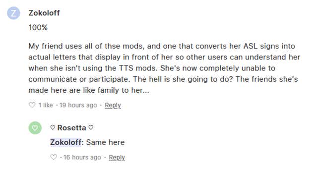Two user share unhappy stories of how this update will affect them on VRChat's feedback site.