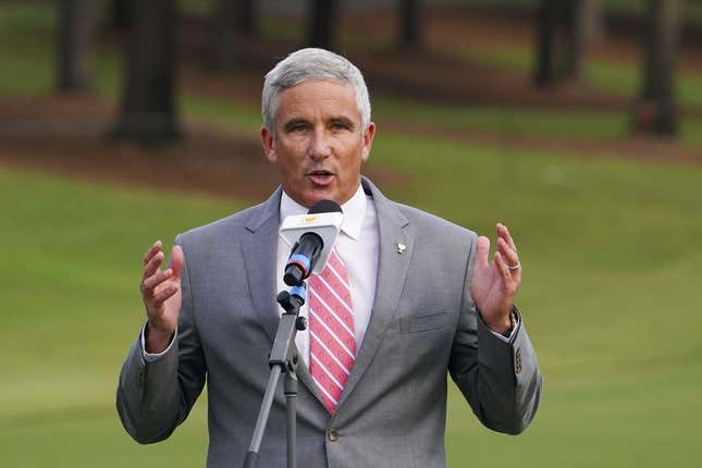 Sep 25, 2022; Charlotte, North Carolina, USA; PGA Tour commissioner Jay Monahan talks during the singles match play of the Presidents Cup golf tournament at Quail Hollow Club.