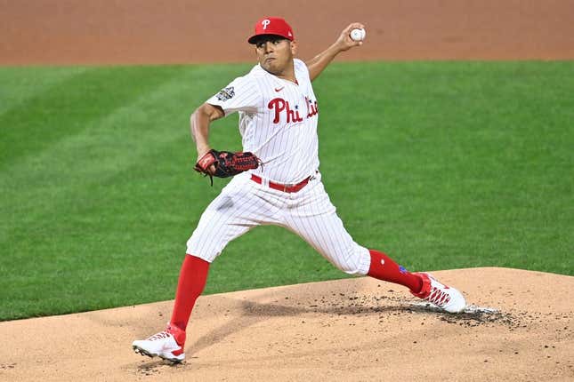 Nov 1, 2022; Philadelphia, PA, USA; Philadelphia Phillies starting pitcher Ranger Suarez (55) pitches against the Houston Astros in the first inning during game three of the 2022 World Series at Citizens Bank Park.