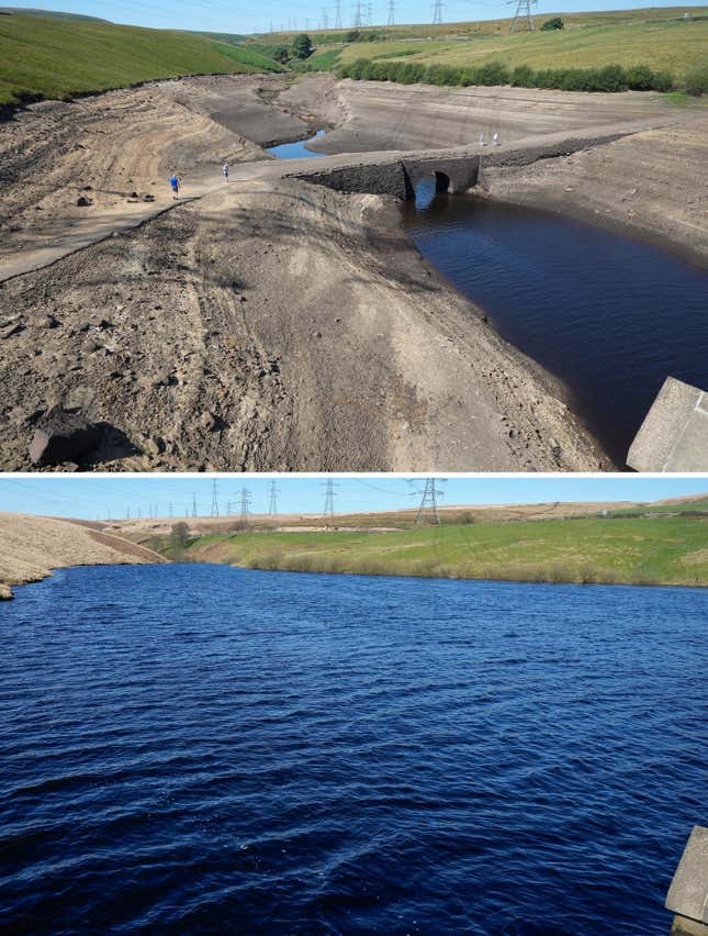 Low water levels at the Baitings Reservoir in West Yorkshire in August 2022 revealed an ancient Norse bridge used for horse crossings, which was sunk under waters in the 1950s when the reservoir was created. The bridge is covered up again with higher water levels in early April. 
