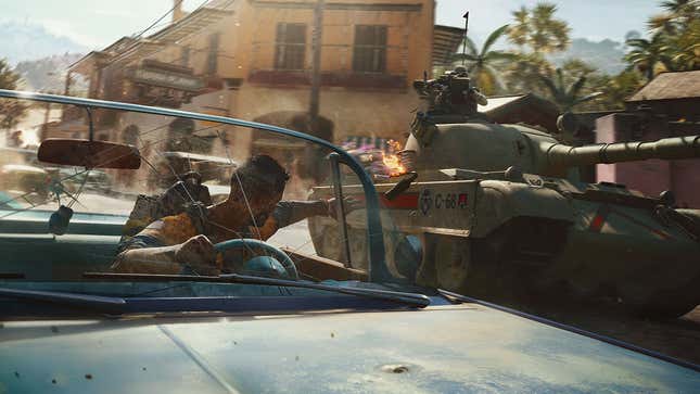A soldier drives a convertible and tosses a grenade at a tank in Far Cry 6.