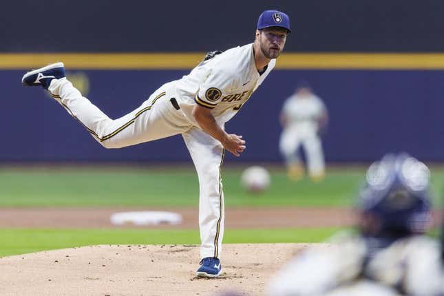 Apr 24, 2023; Milwaukee, Wisconsin, USA;  Milwaukee Brewers pitcher Colin Rea (48) throws a pitch during the first inning against the Detroit Tigers at American Family Field.