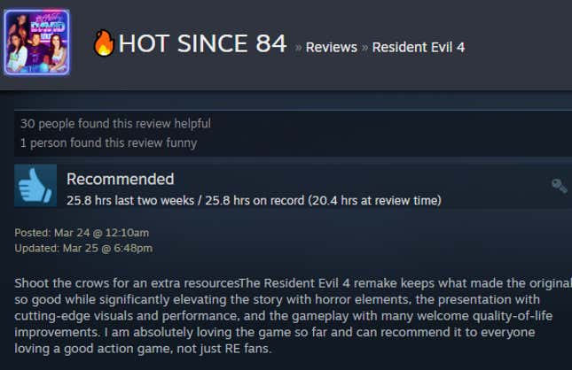 A screenshot of a Steam user text review for the game Resident Evil 4.