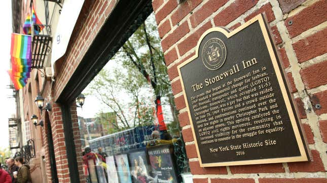 Plaque on New York City’s historic Stonewall Inn outlines its landmark status as a key element in the history of gay rights