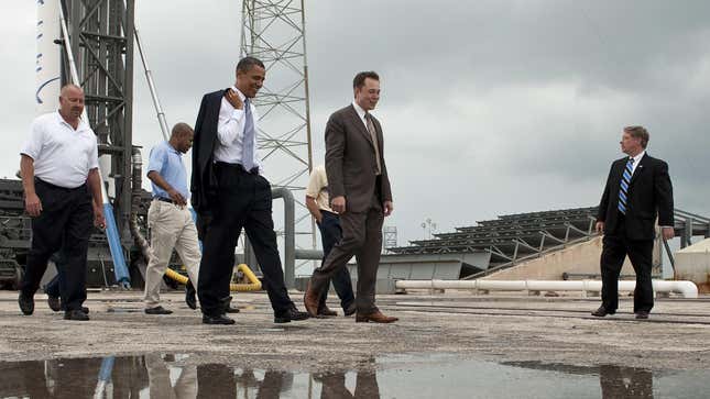 Back when government funding was cool: President Barack Obama and SpaceX CEO Elon Musk touring Cape Canaveral Air Force Station in April 2010.