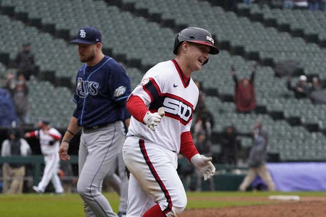 Apr 30, 2023; Chicago, Illinois, USA; Chicago White Sox first baseman Andrew Vaughn (25) runs the bases after hitting a game-winning three-run home run against the Tampa Bay Rays during the ninth inning at Guaranteed Rate Field.