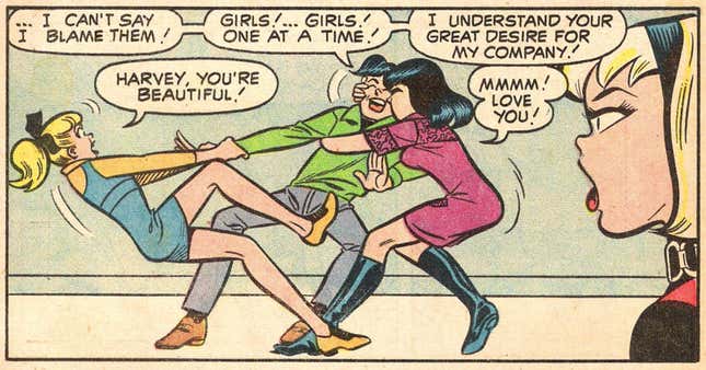 Betty and Veronica fighting over Harvey Kinkle in front of Sabrina.