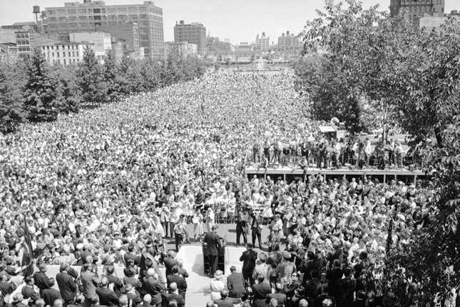 President Kennedy, with his back to the camera, speaks at Independence Hall in Philadelphia on July 4, 1962.