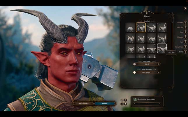 The Baldur's Gate 3 character creator shows the Tiefling horn options.