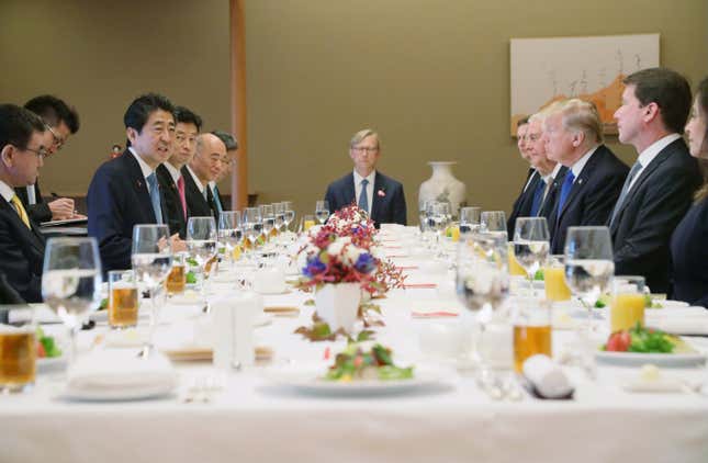 US President Donald J. Trump (3-R) and Japan's Prime Minister Shinzo Abe (3-L) attend a meeting at Akasaka Palace in Tokyo, Japan, 06 November 2017. President Trump's visit to Japan is the first stop of his 12-day tour of Asia. After Japan, Trump will visit South Korea, China, Vietnam and the Philippines.