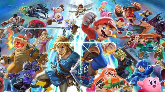 A poster shows some of the fighters featured in Nintendo's Super Smash Bros. Ultimate for the Switch.
