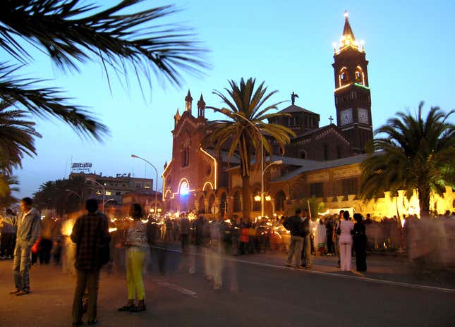 Eritreans gather in front of the Catholic Cathedral in the capital, Asmara,