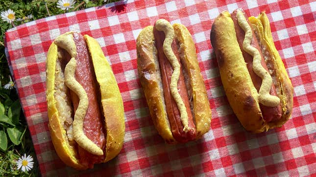 Three knish hot dogs on picnic blanket