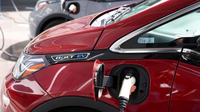  A Chevrolet Bolt EV sits parked at a charging station at Stewart Chevrolet on April 25, 2023 in Colma, California