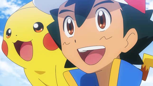 Ash and Pikachu are seen smiling at something off-screen.