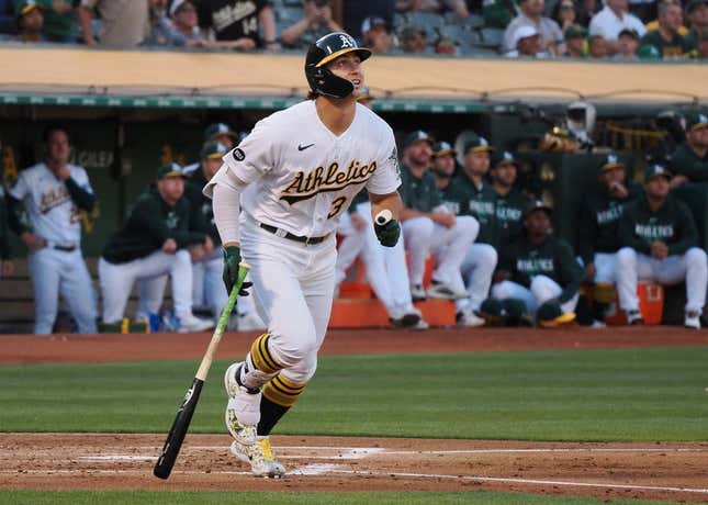 Jul 14, 2023; Oakland, California, USA; Oakland Athletics designated hitter Tyler Soderstrom (37) watches the ball as he fouls out against the Minnesota Twins during the first inning at Oakland-Alameda County Coliseum.