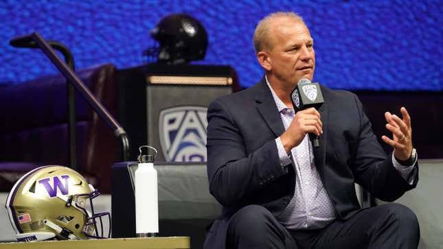 Washington head coach Kalen DeBoer speaks at Pac-12 Media Day. Washington is mulling leaving the conference.